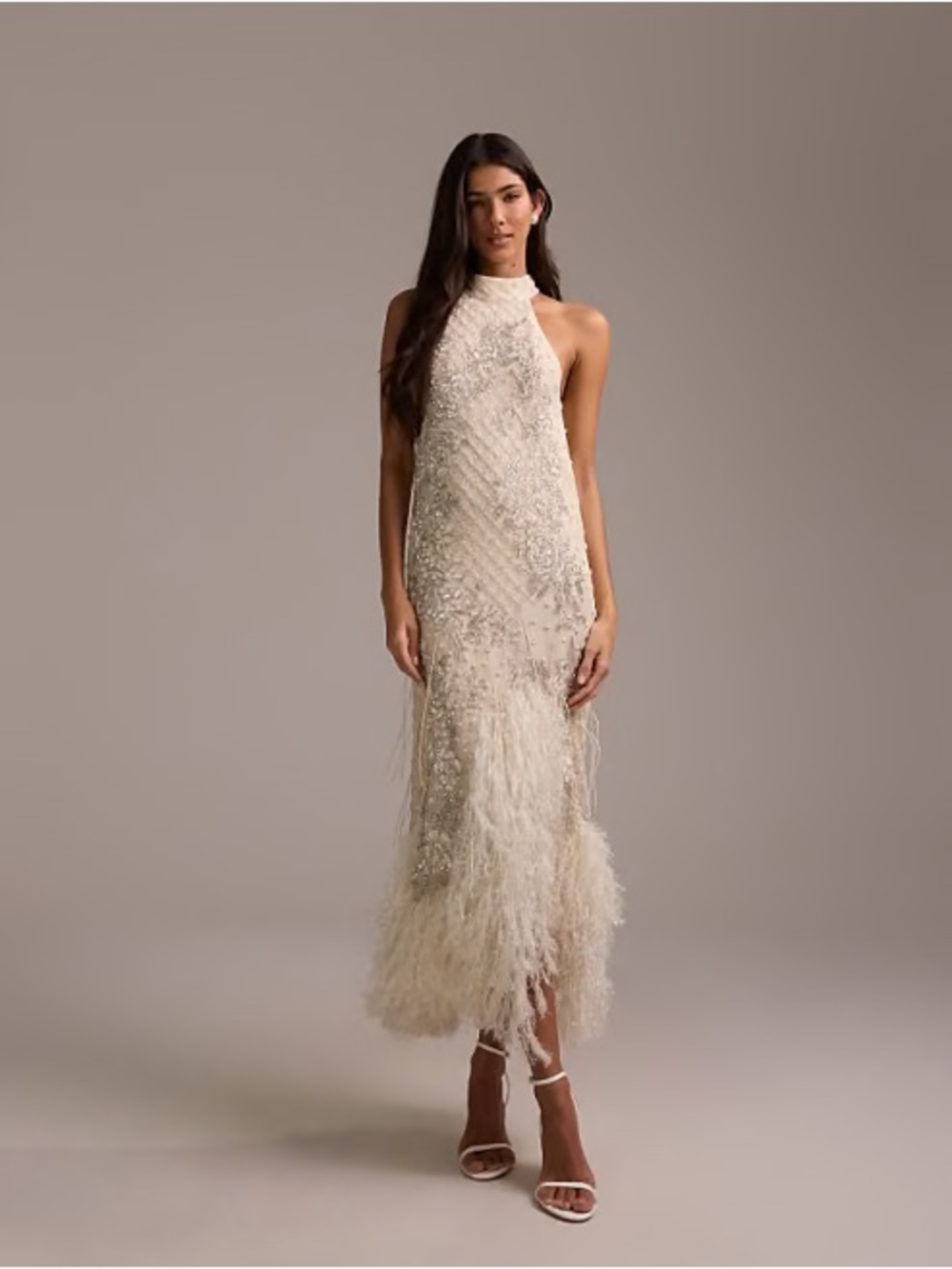 Ivory Beaded Halter Midi Dress with Feather Trim